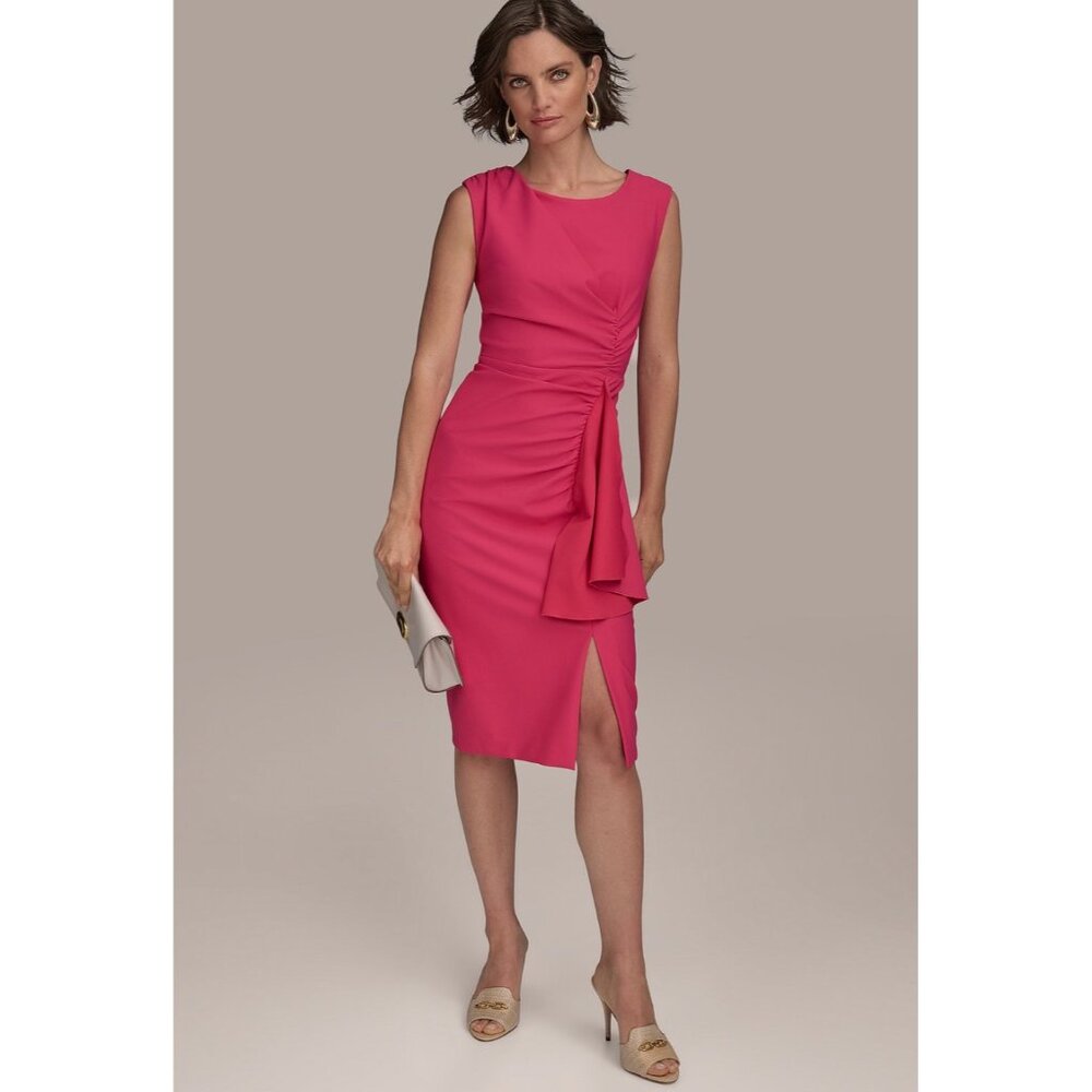Donna Karan New York Pink Sleeveless Ruched Midi Dress Size 12 Polyester Womens